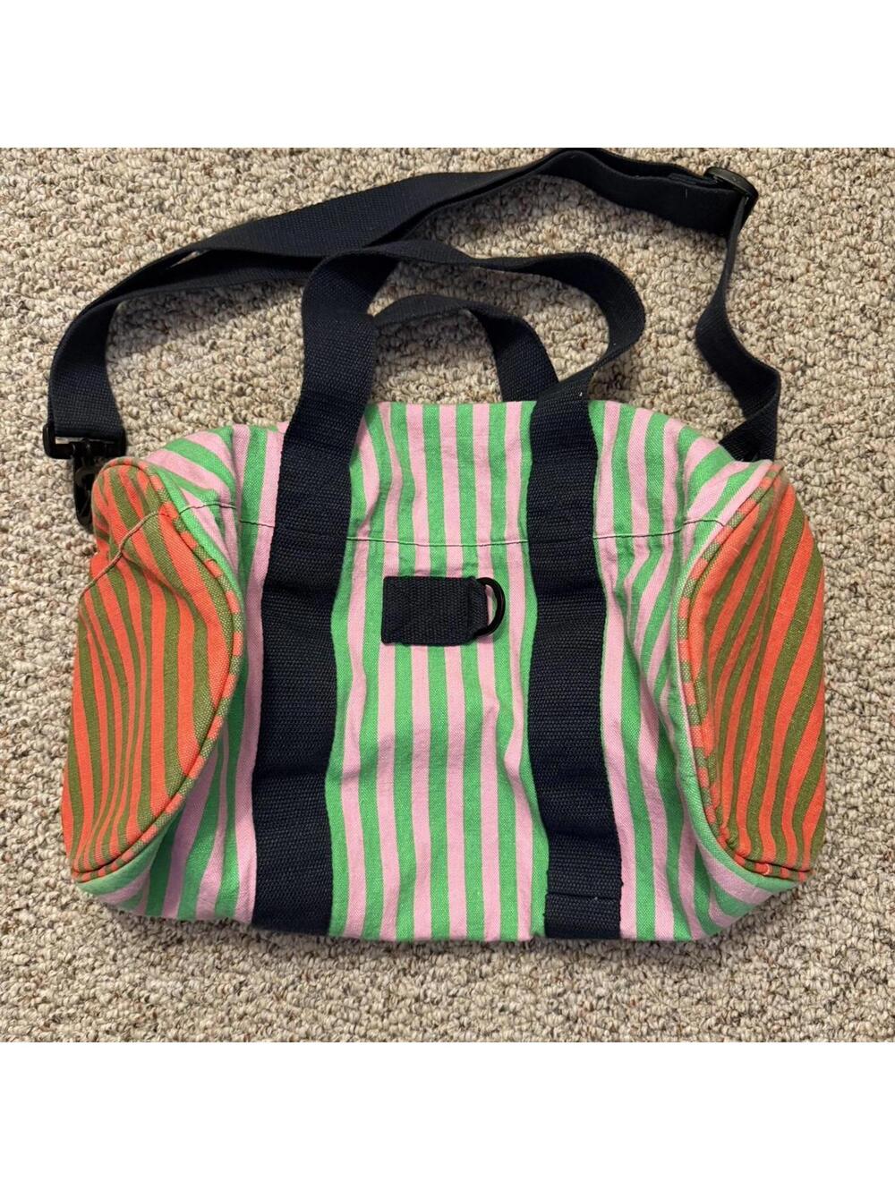 Five Below mini green/pink striped canvas duffle bag w/adjustable strap